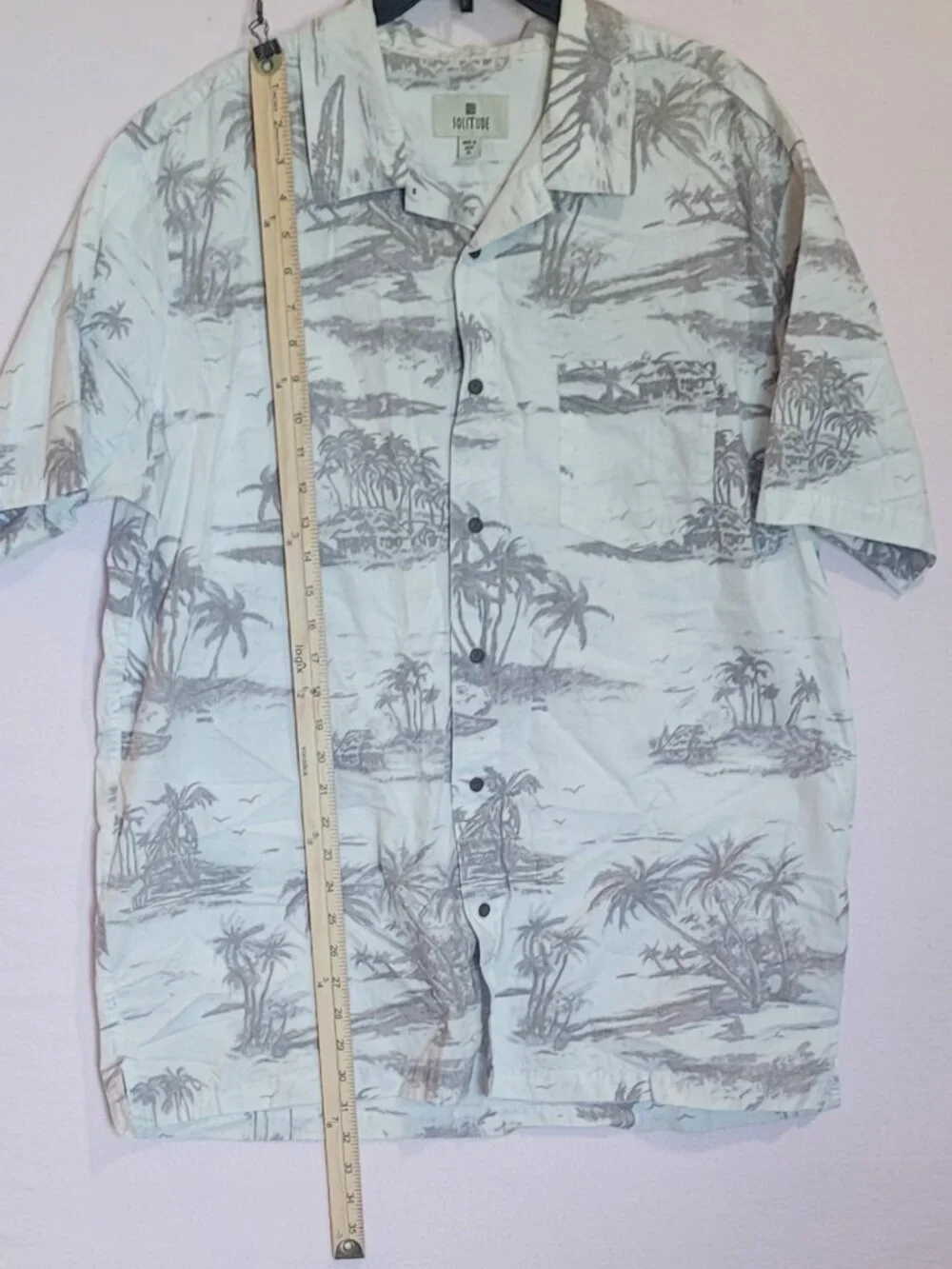 Men's Hawaiian Shirt XL SOLITUDE Gray White Cotton Short Slve Button Down Pocket